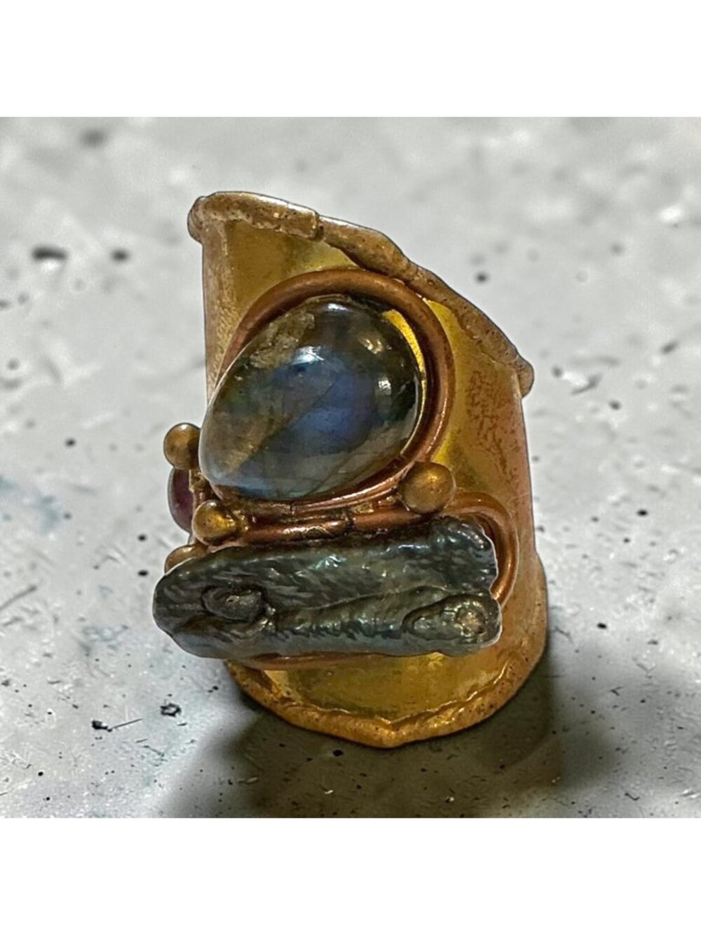 Artisan Brass Ring With Gemstones & Brutalist Design Unique Handmade Statement J